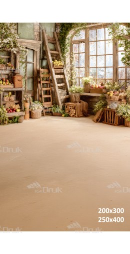 Tło fotograficzne „Rustykalne wnętrze z drewnianą drabiną, oknem i owocami” | E695